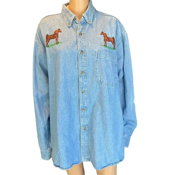 Y2K Sierra Pacific Denim Horse Embroidery Button Up Shirt Unisex Adult Size XL - Picture 7 of 7